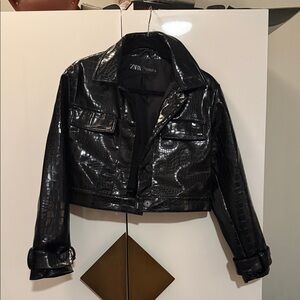 Zara Women's Black Croc-Patterned Leather Jacket